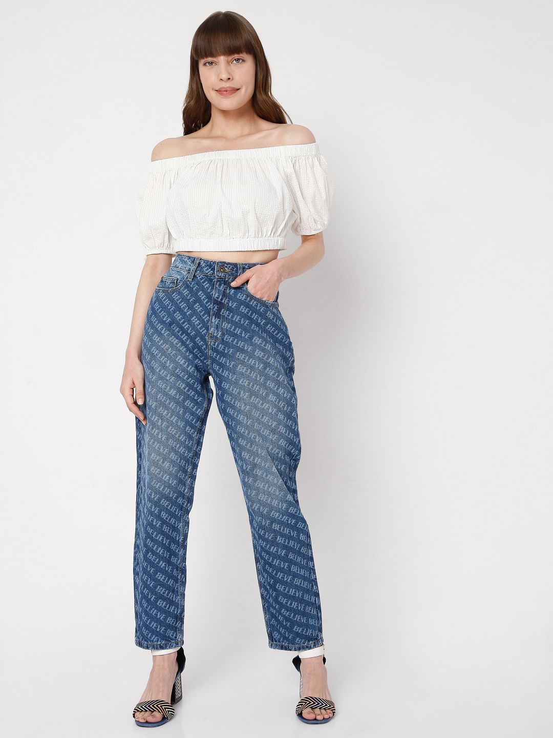 Blue Printed Mom Jeans
