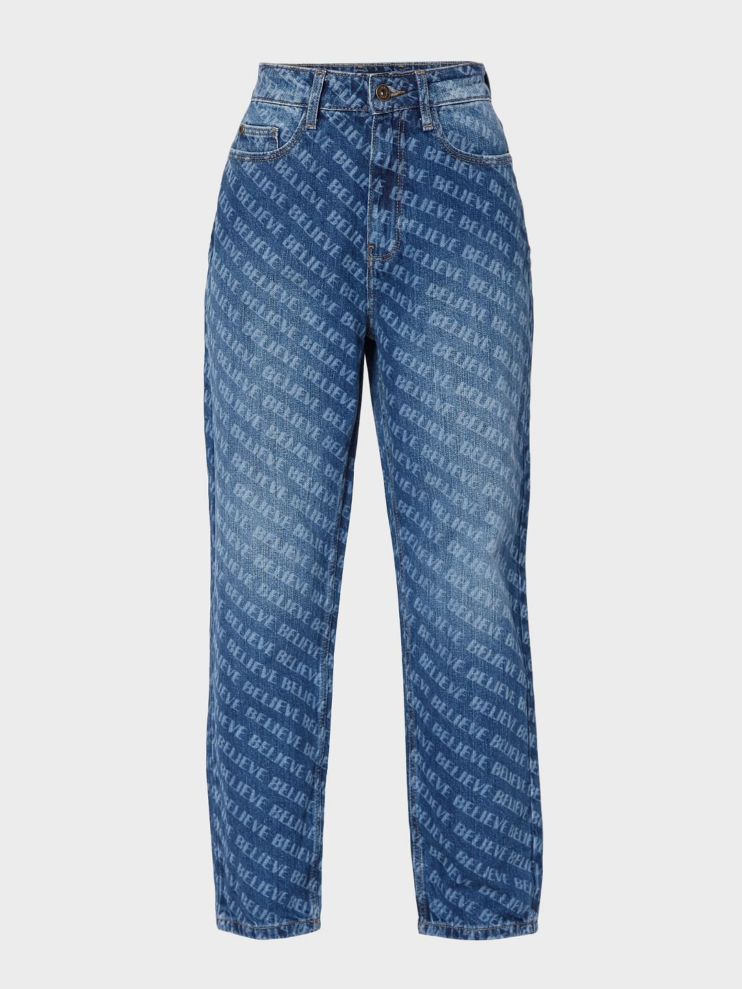 Blue Printed Mom Jeans