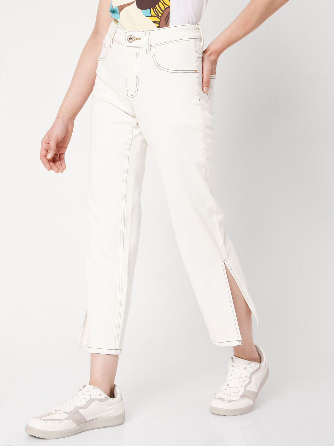 White Mid Rise Straight Jeans