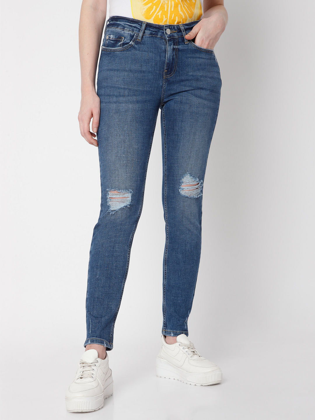 Blue Mid Rise Skinny Ripped Jeans