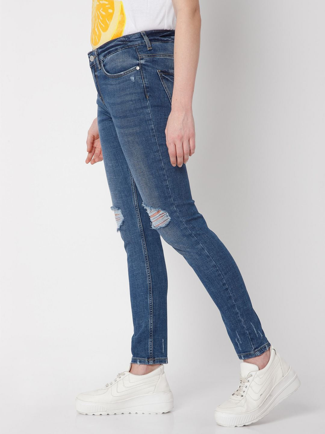 Blue Mid Rise Skinny Ripped Jeans