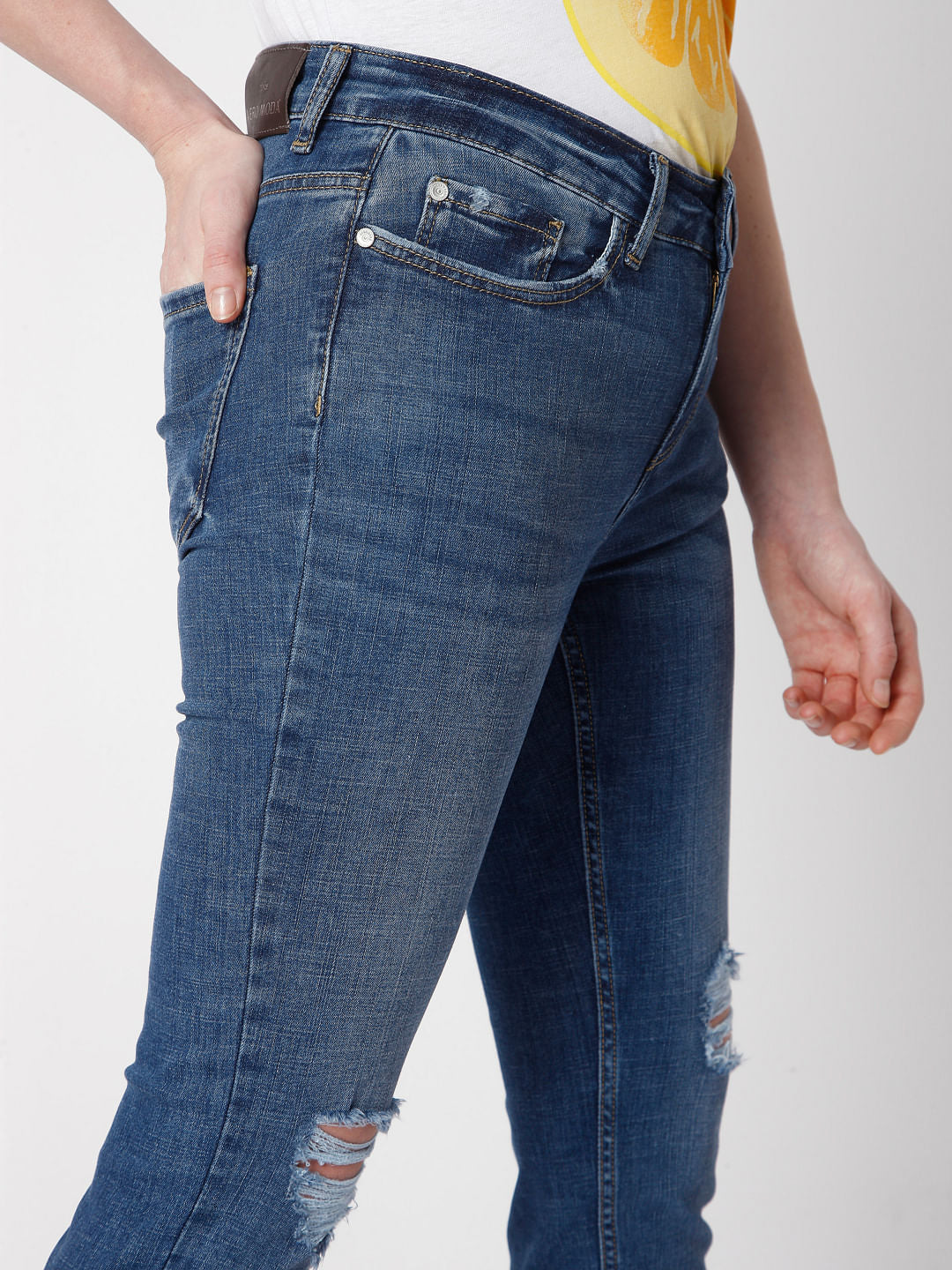 Blue Mid Rise Skinny Ripped Jeans