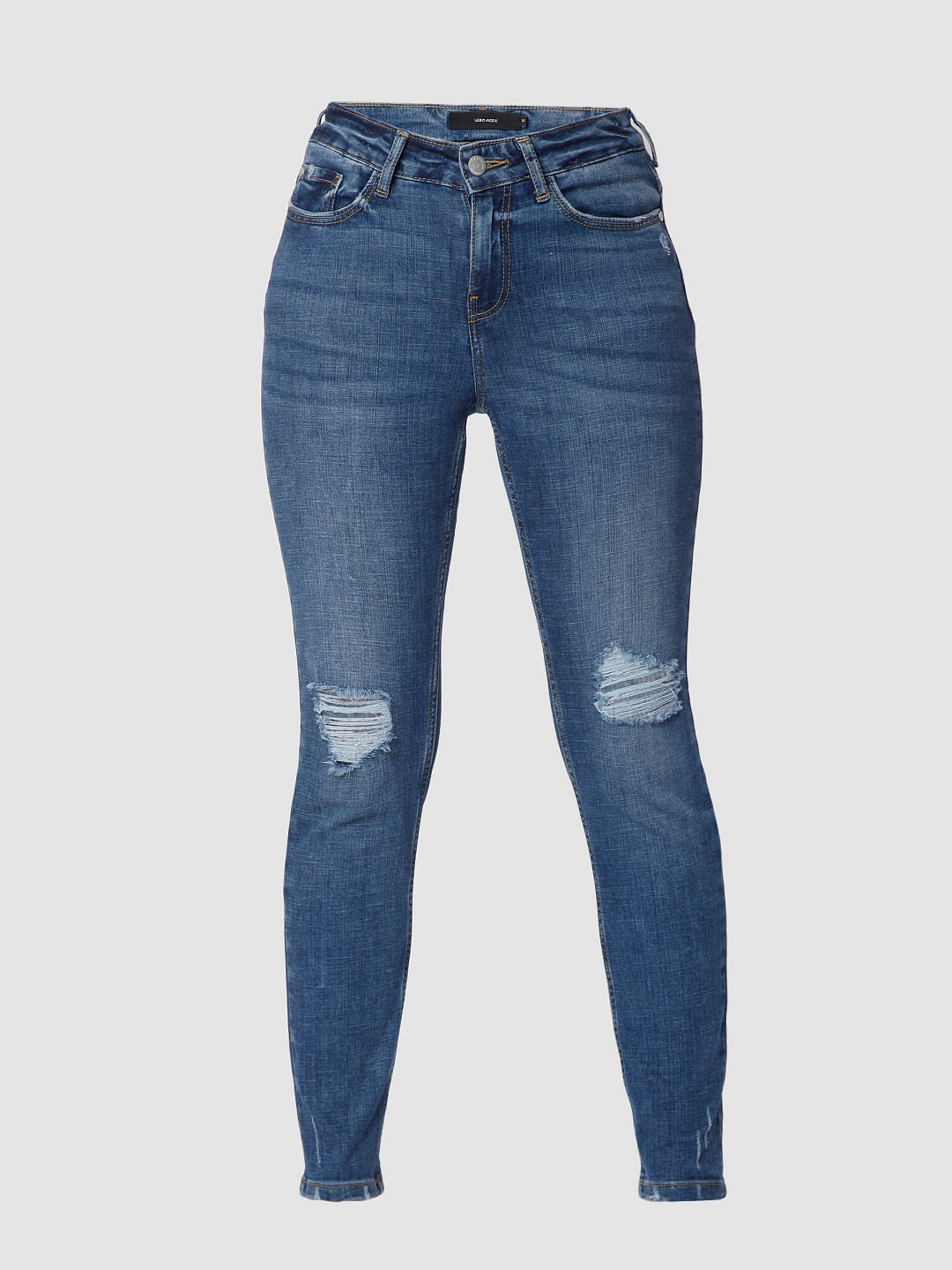 Blue Mid Rise Skinny Ripped Jeans