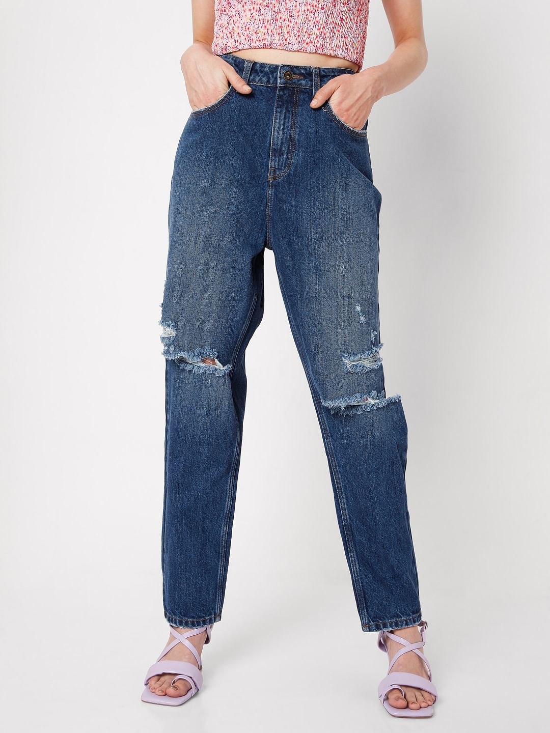 Blue Mid Rise Ripped Jade Straight Fit Jeans