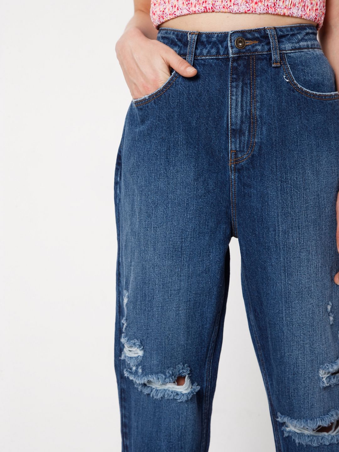 Blue Mid Rise Ripped Jade Straight Fit Jeans