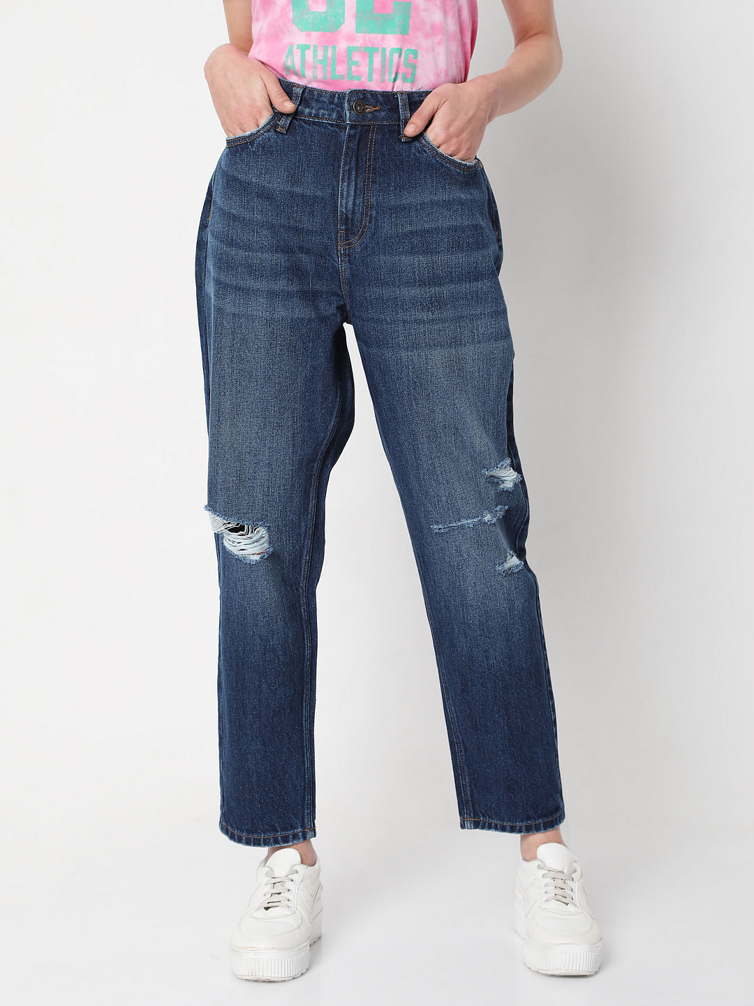 Blue Mid Rise Ripped Jade Straight Fit Jeans