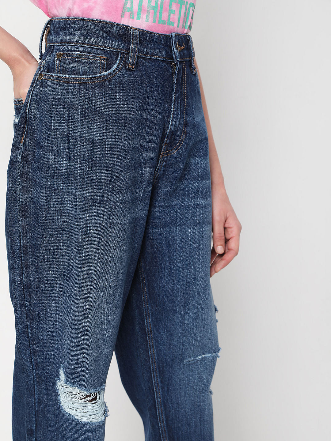Blue Mid Rise Ripped Jade Straight Fit Jeans