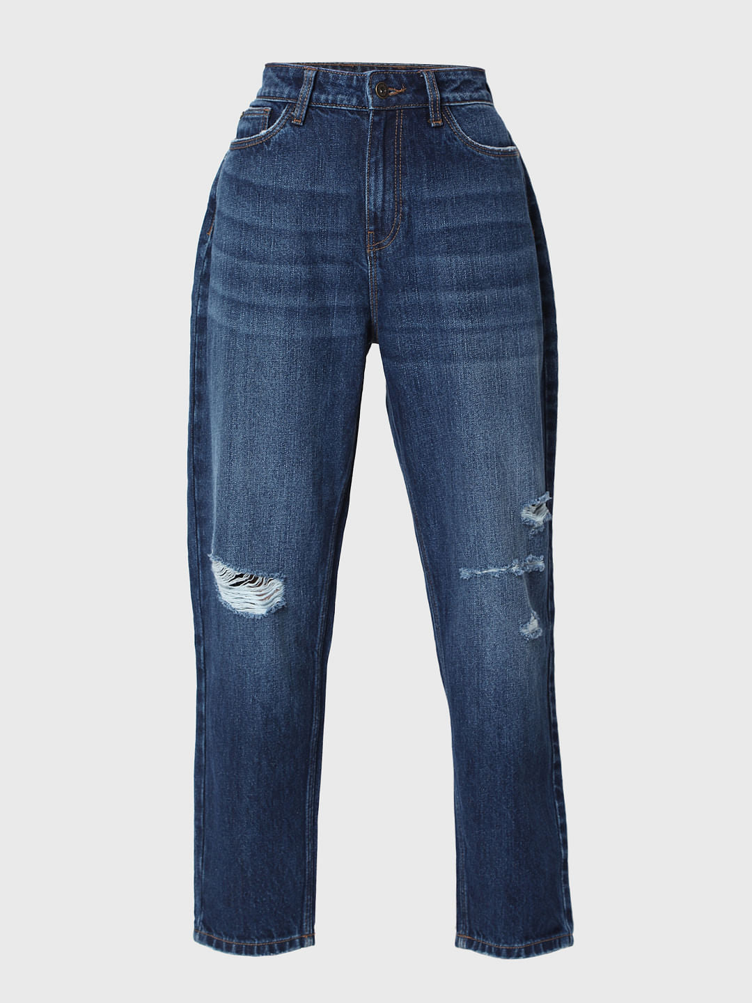 Blue Mid Rise Ripped Jade Straight Fit Jeans