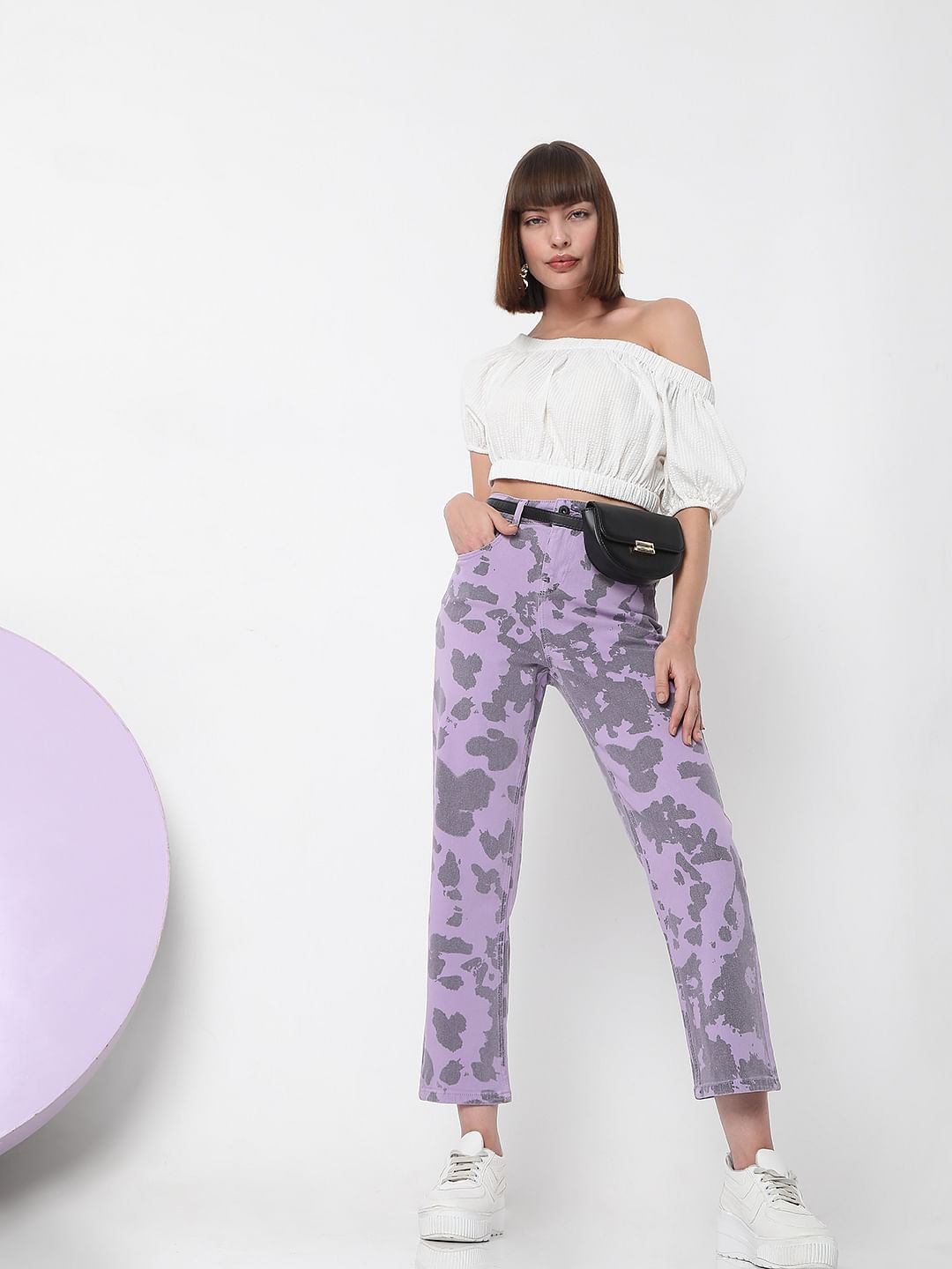 Purple Printed Jade Straight Fit Jeans