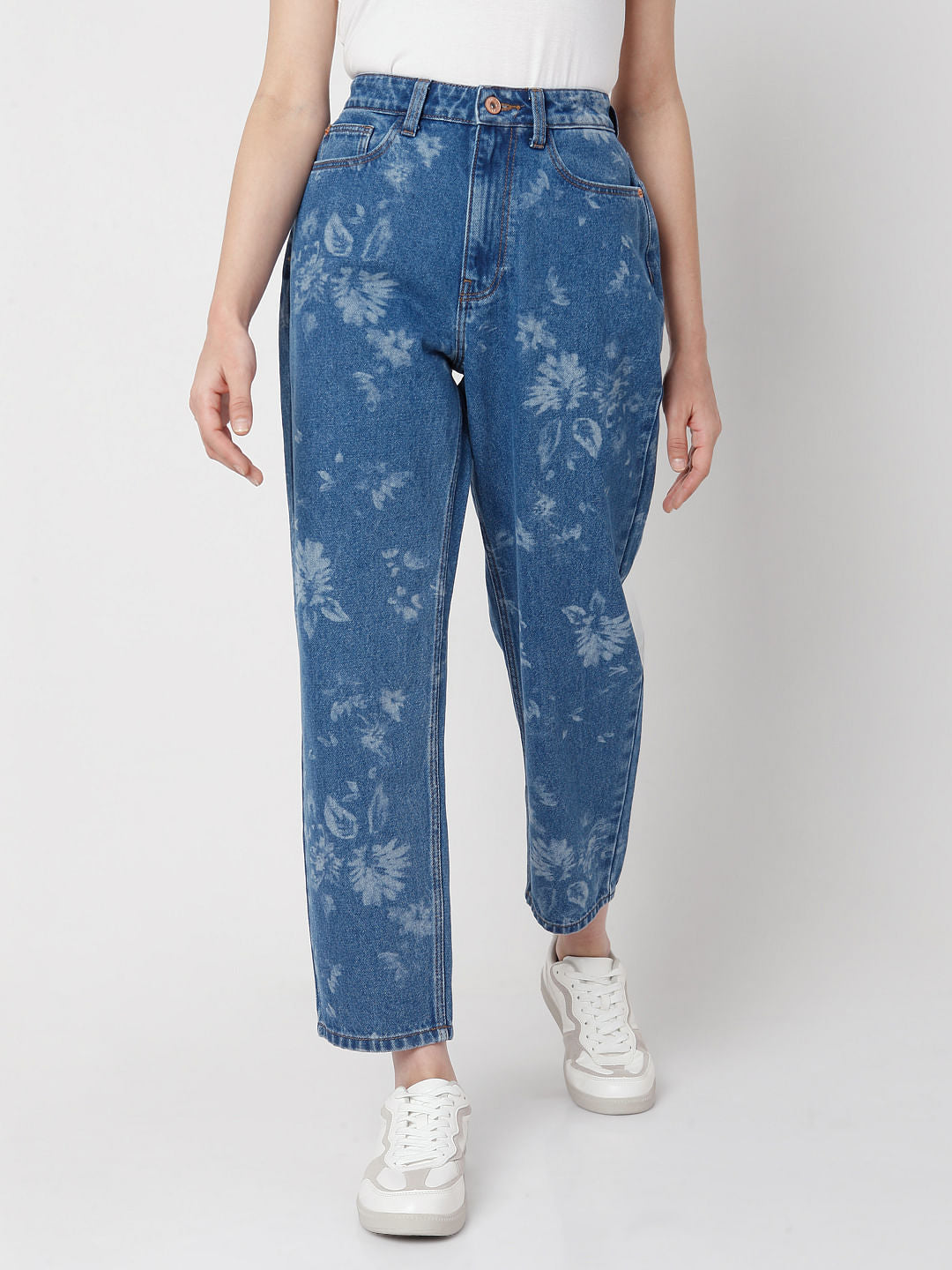 Blue High Waist Printed Mom Jeans