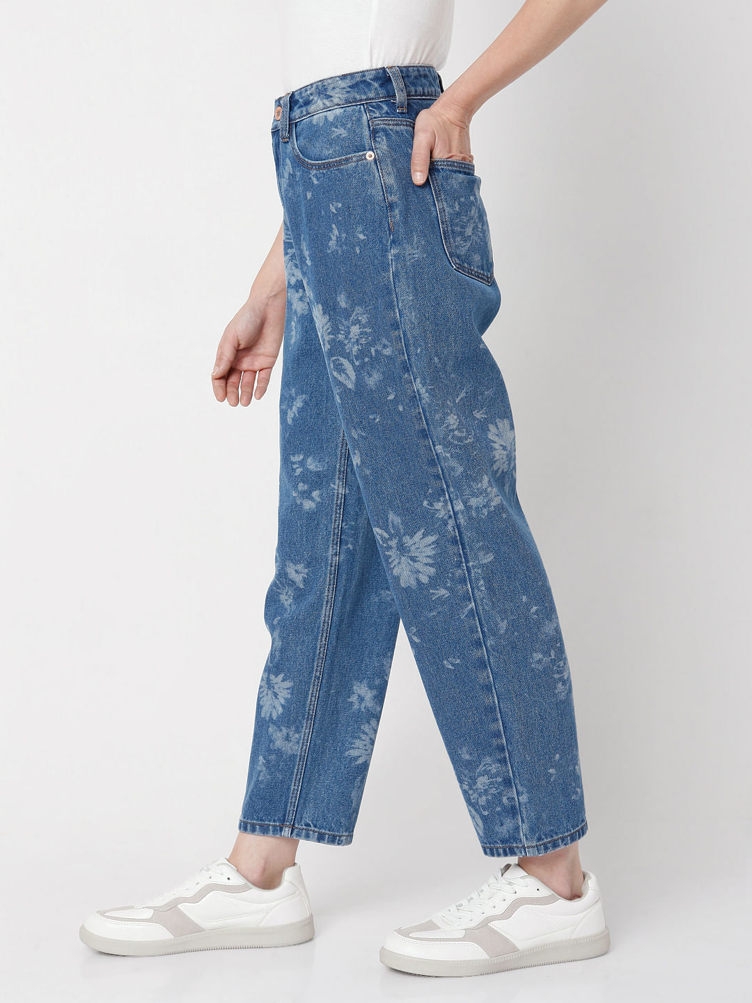 Blue High Waist Printed Mom Jeans