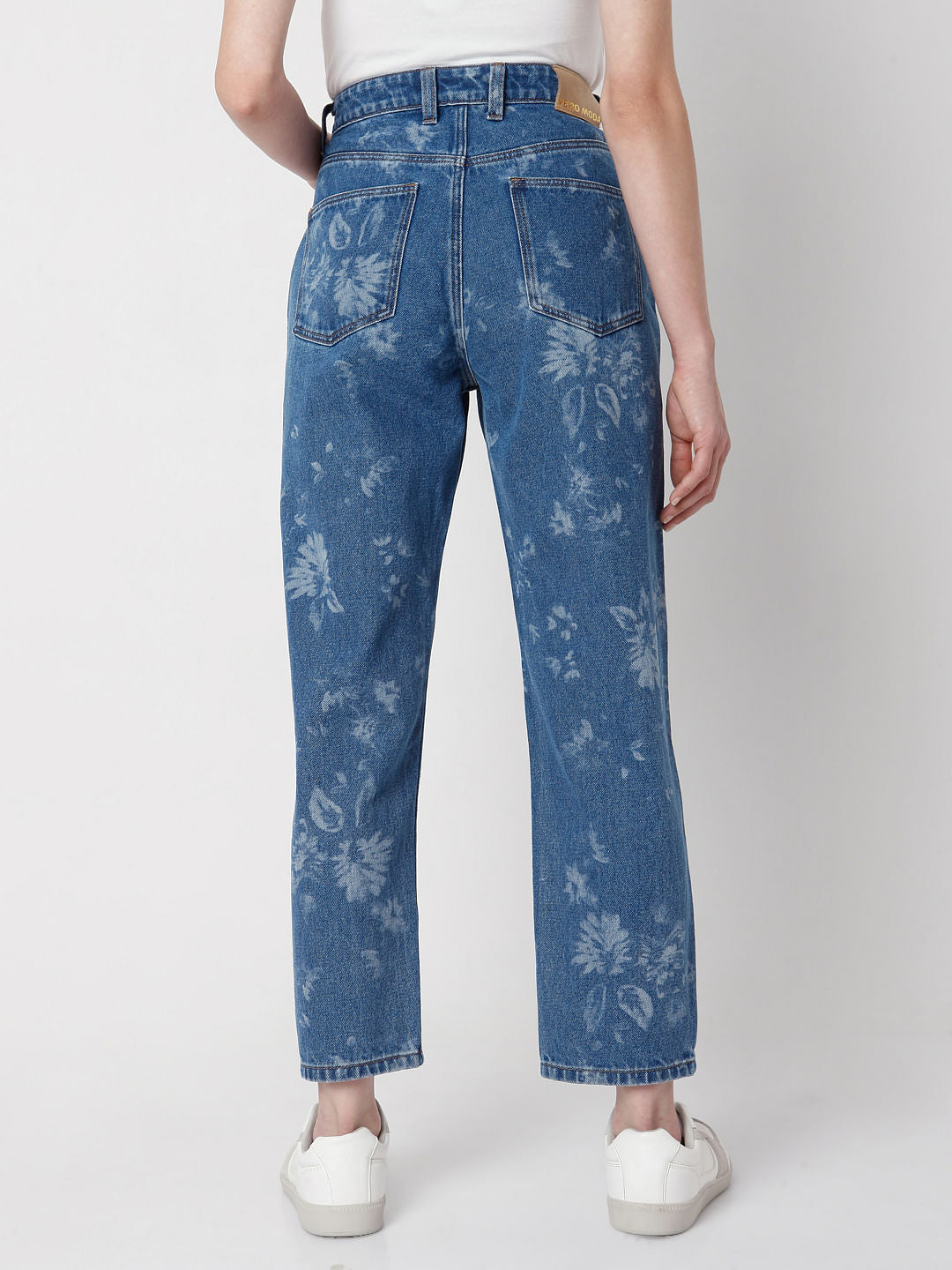 Blue High Waist Printed Mom Jeans