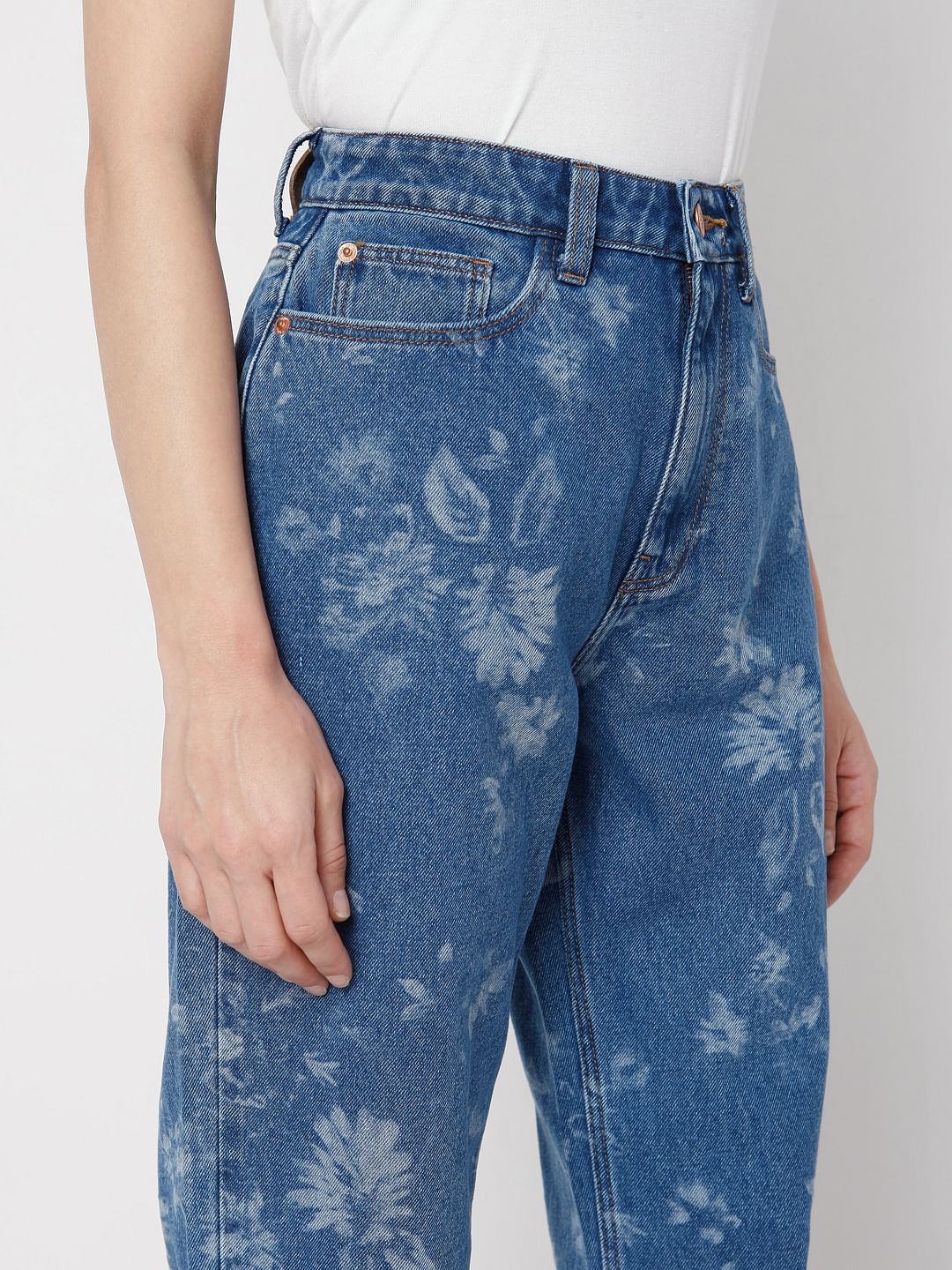 Blue High Waist Printed Mom Jeans