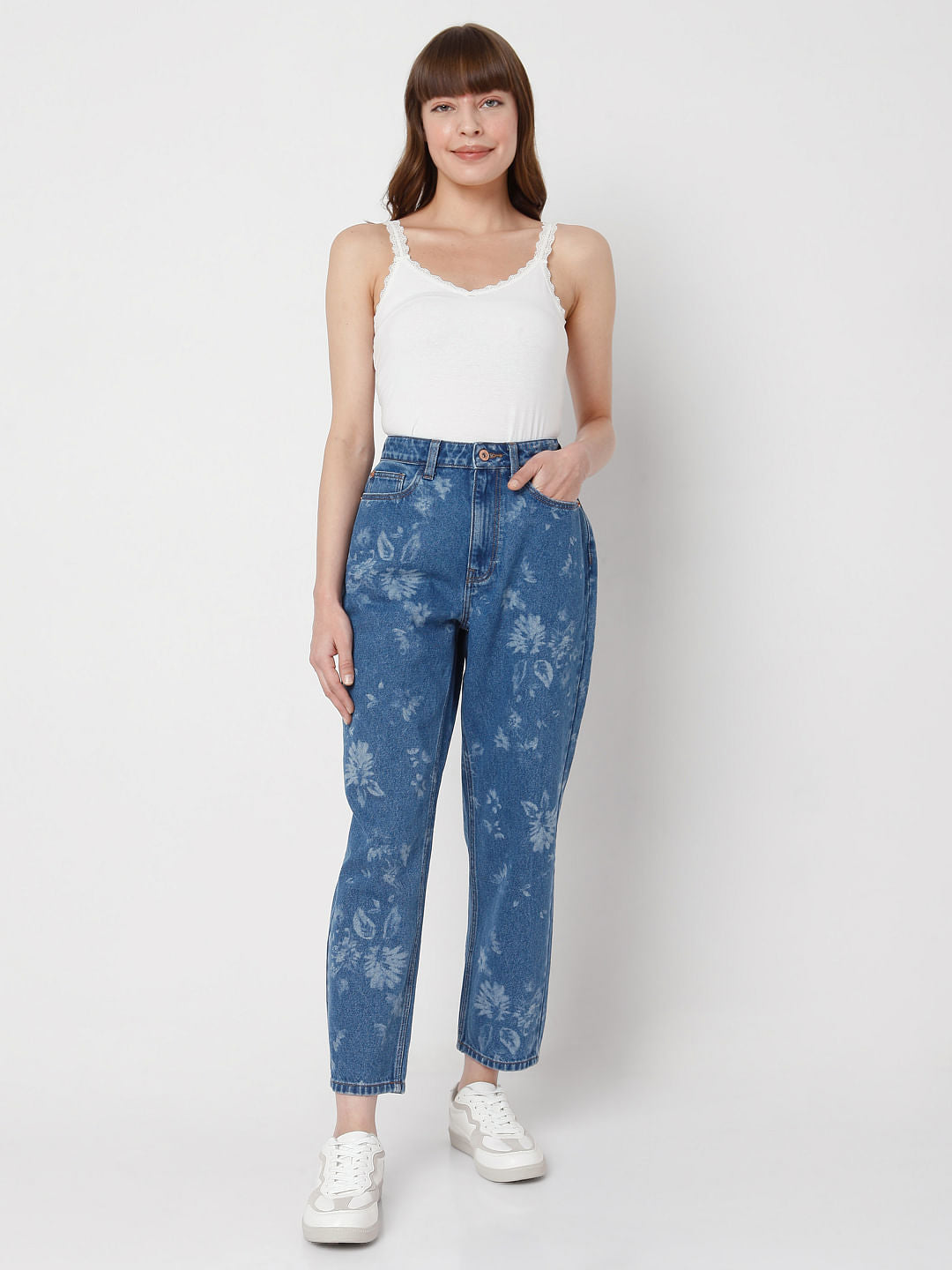 Blue High Waist Printed Mom Jeans