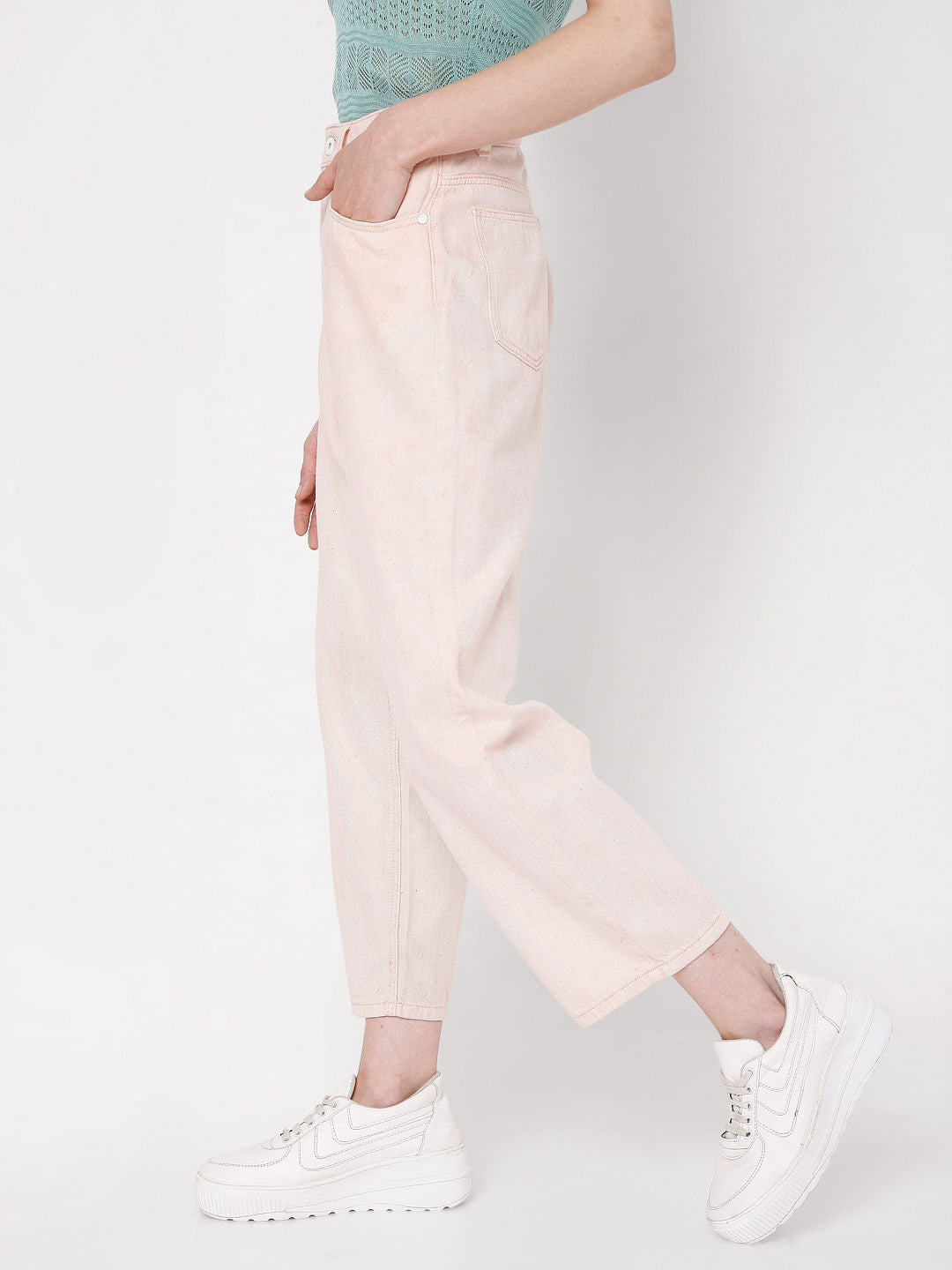 Pink High Rise Washed Jade Straight Fit Jeans