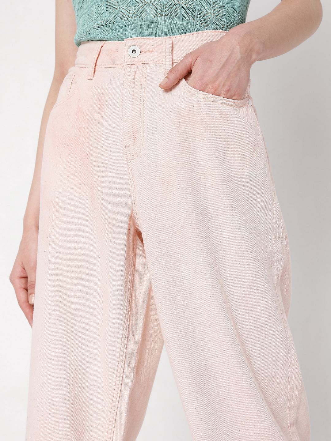 Pink High Rise Washed Jade Straight Fit Jeans