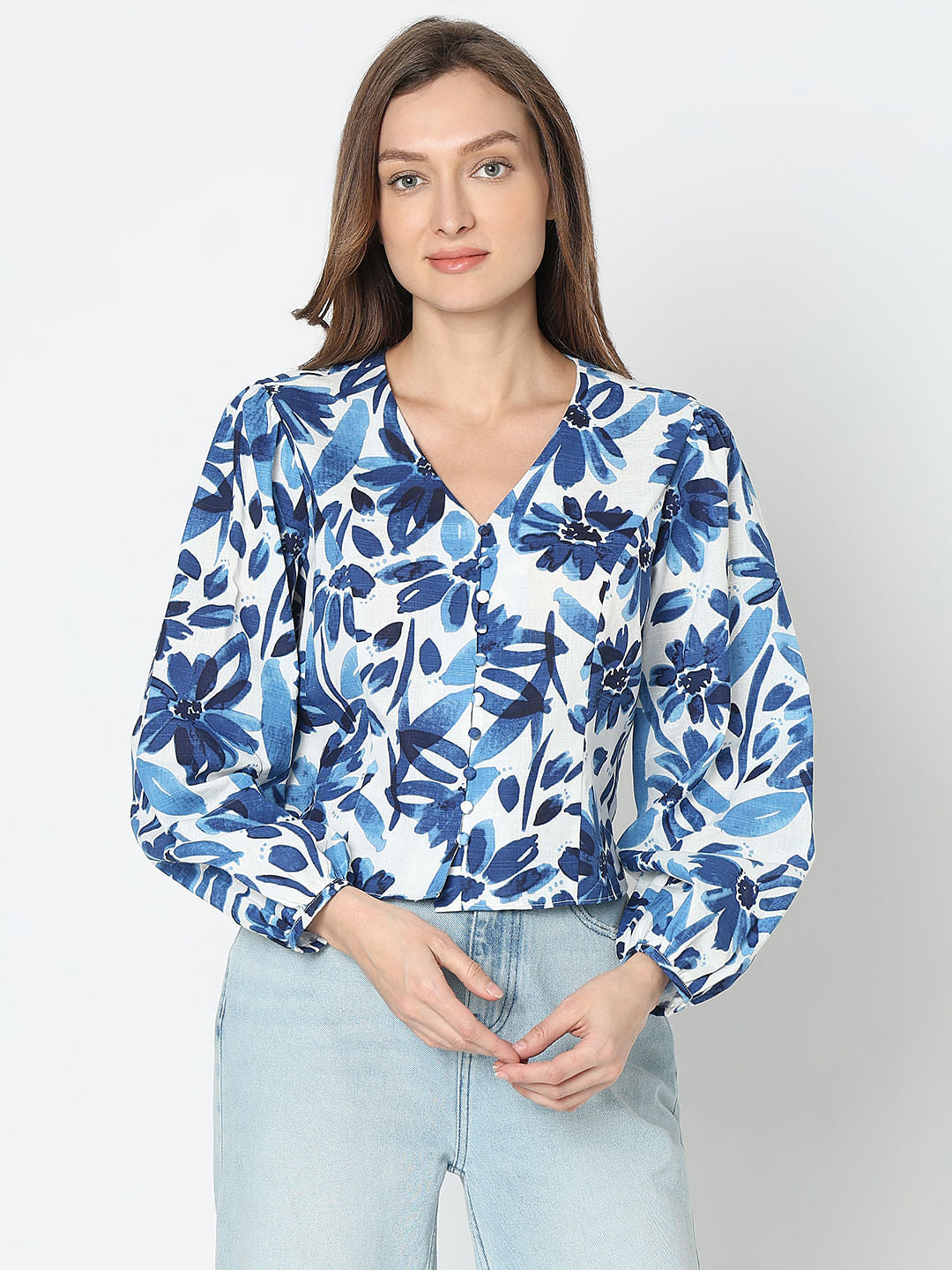 Blue Abstract Print Tops
