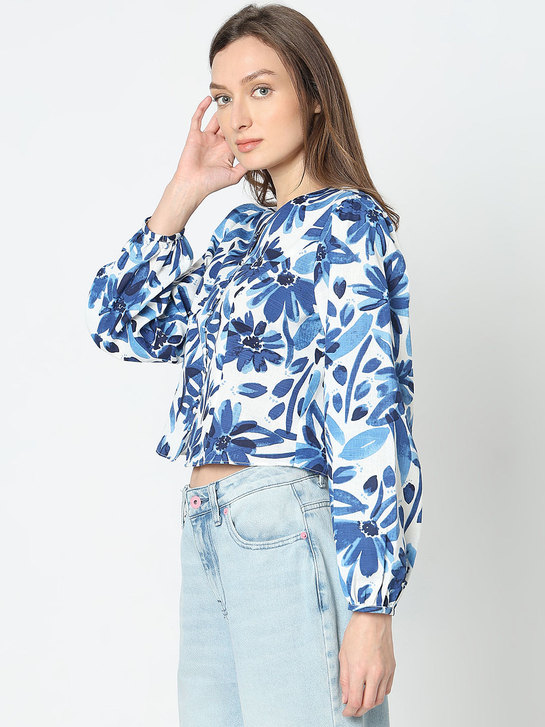 Blue Abstract Print Tops
