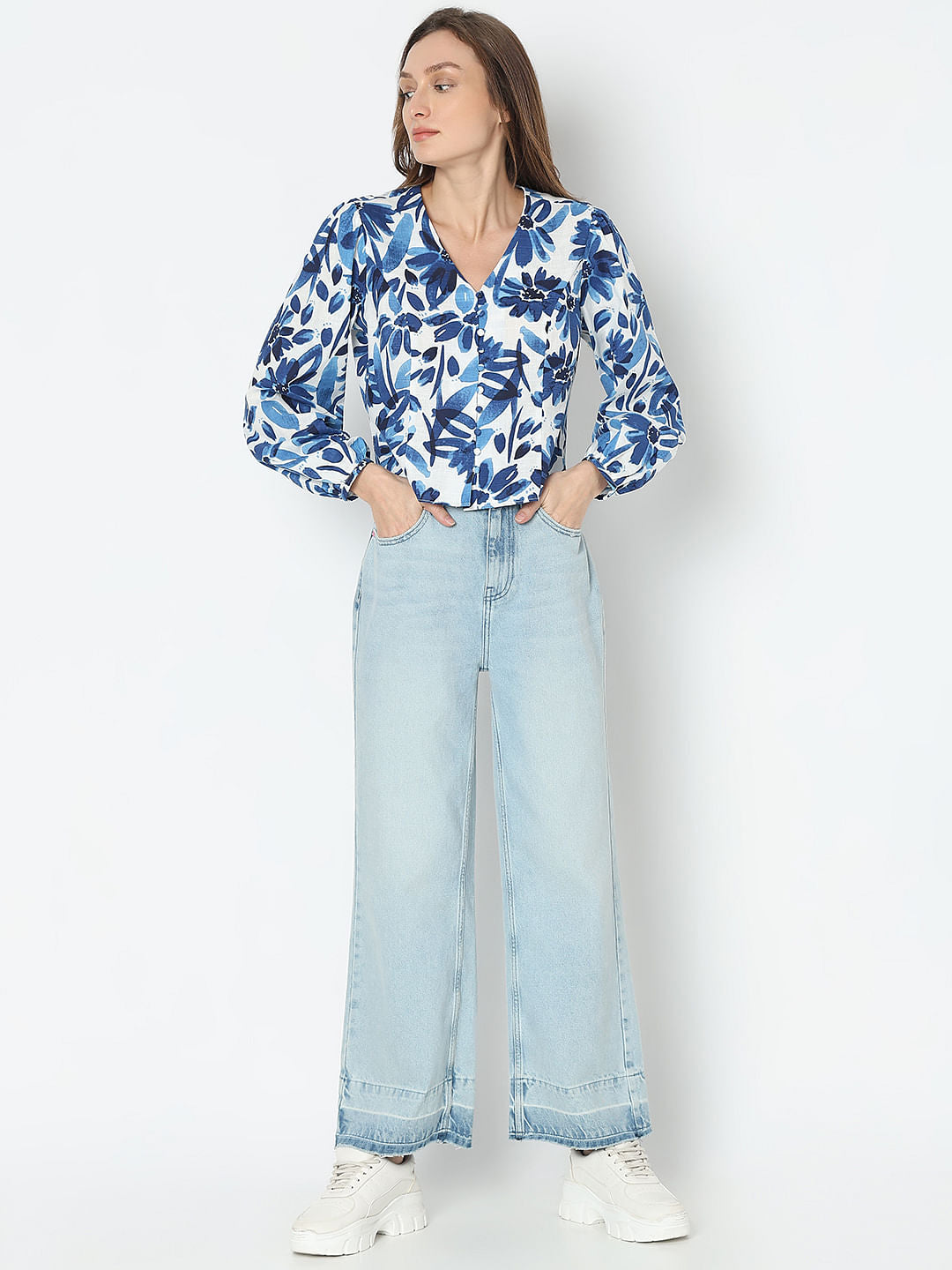 Blue Abstract Print Tops