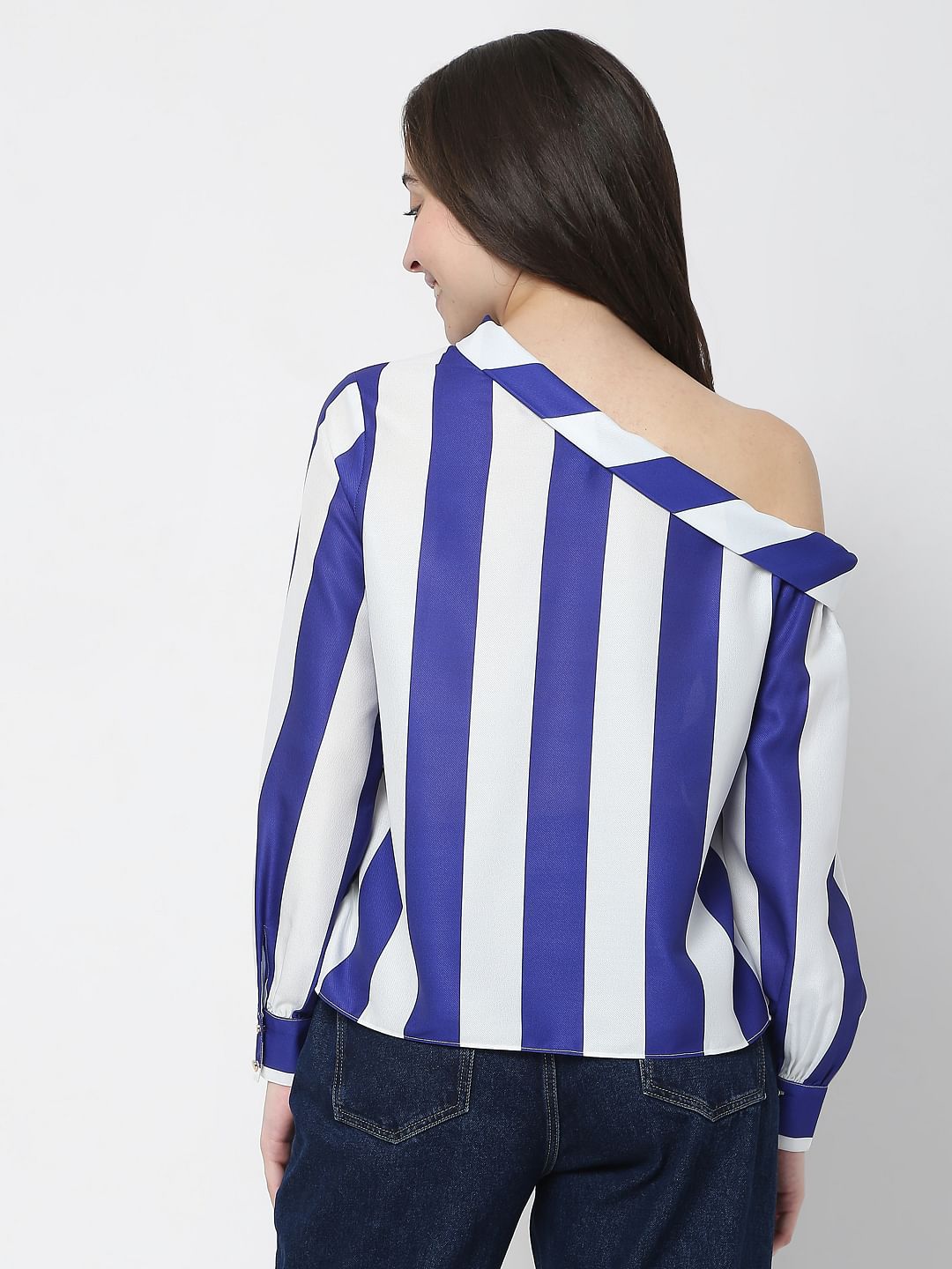 White Striped One Shoulder Top