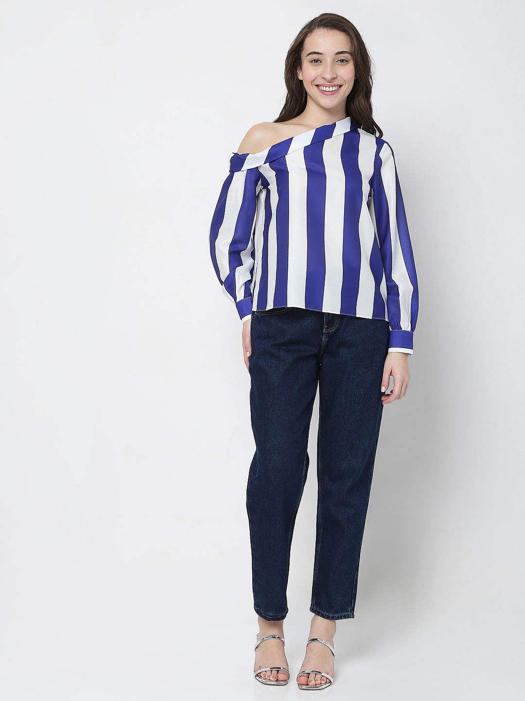 White Striped One Shoulder Top