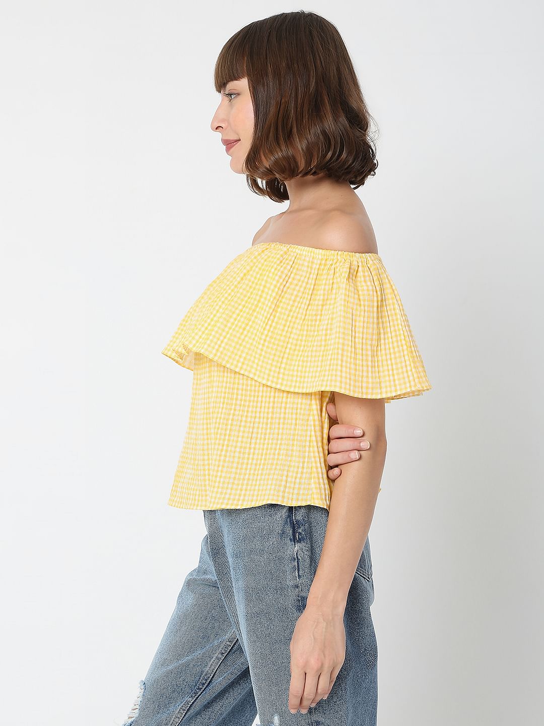 Yellow Check Off-Shoulder Top