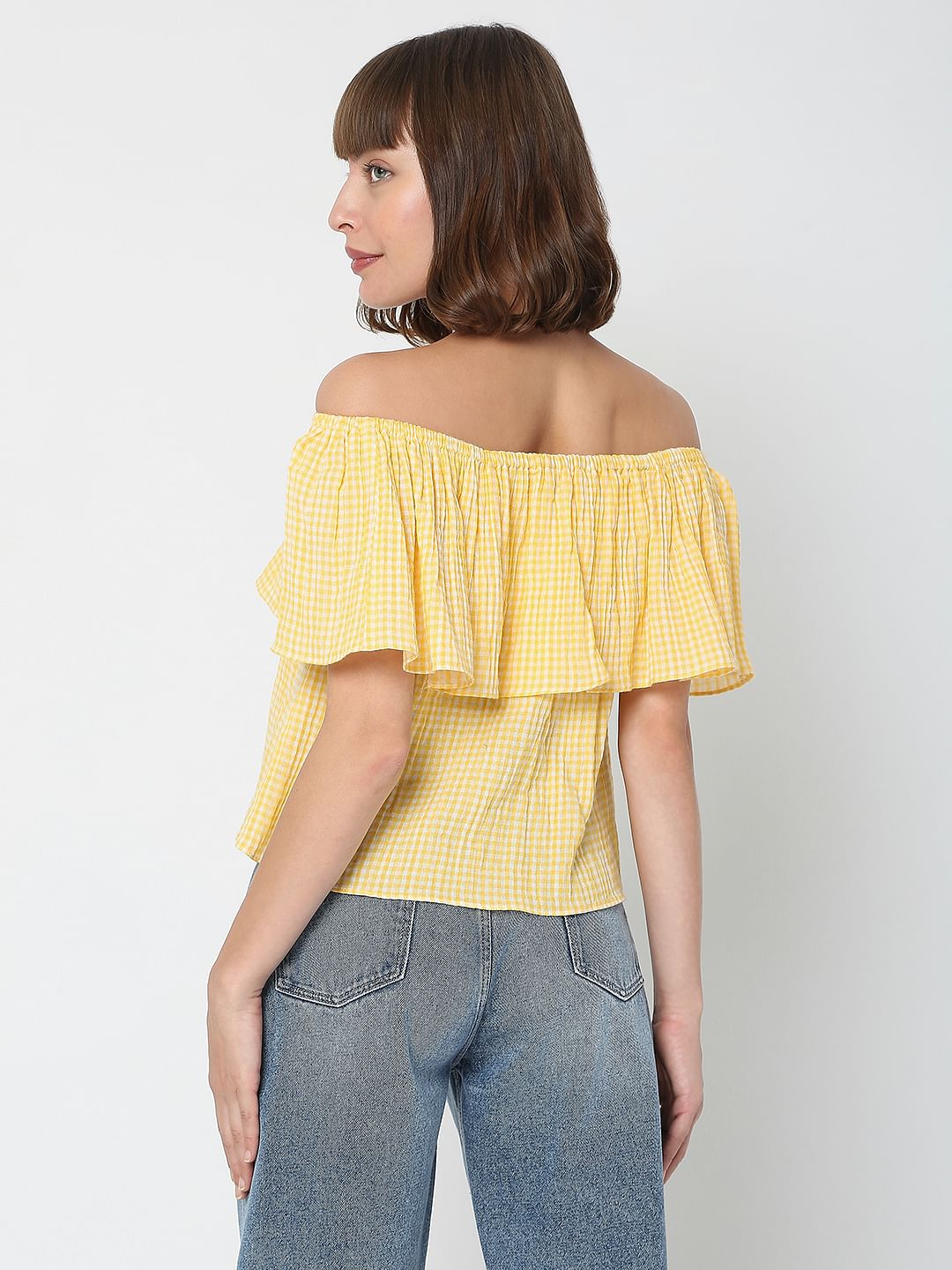 Yellow Check Off-Shoulder Top