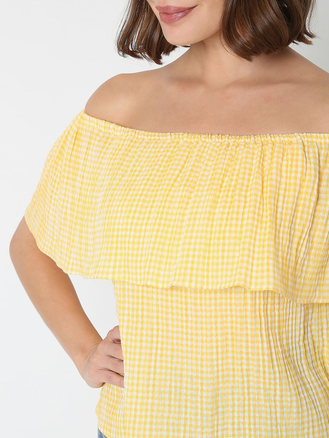 Yellow Check Off-Shoulder Top