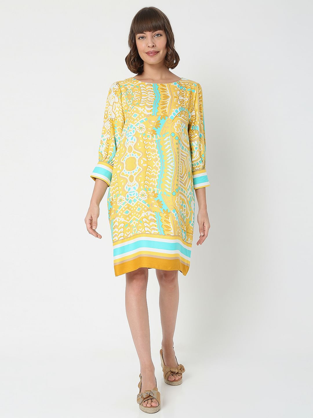 Yellow Abstract Print Shift Dress