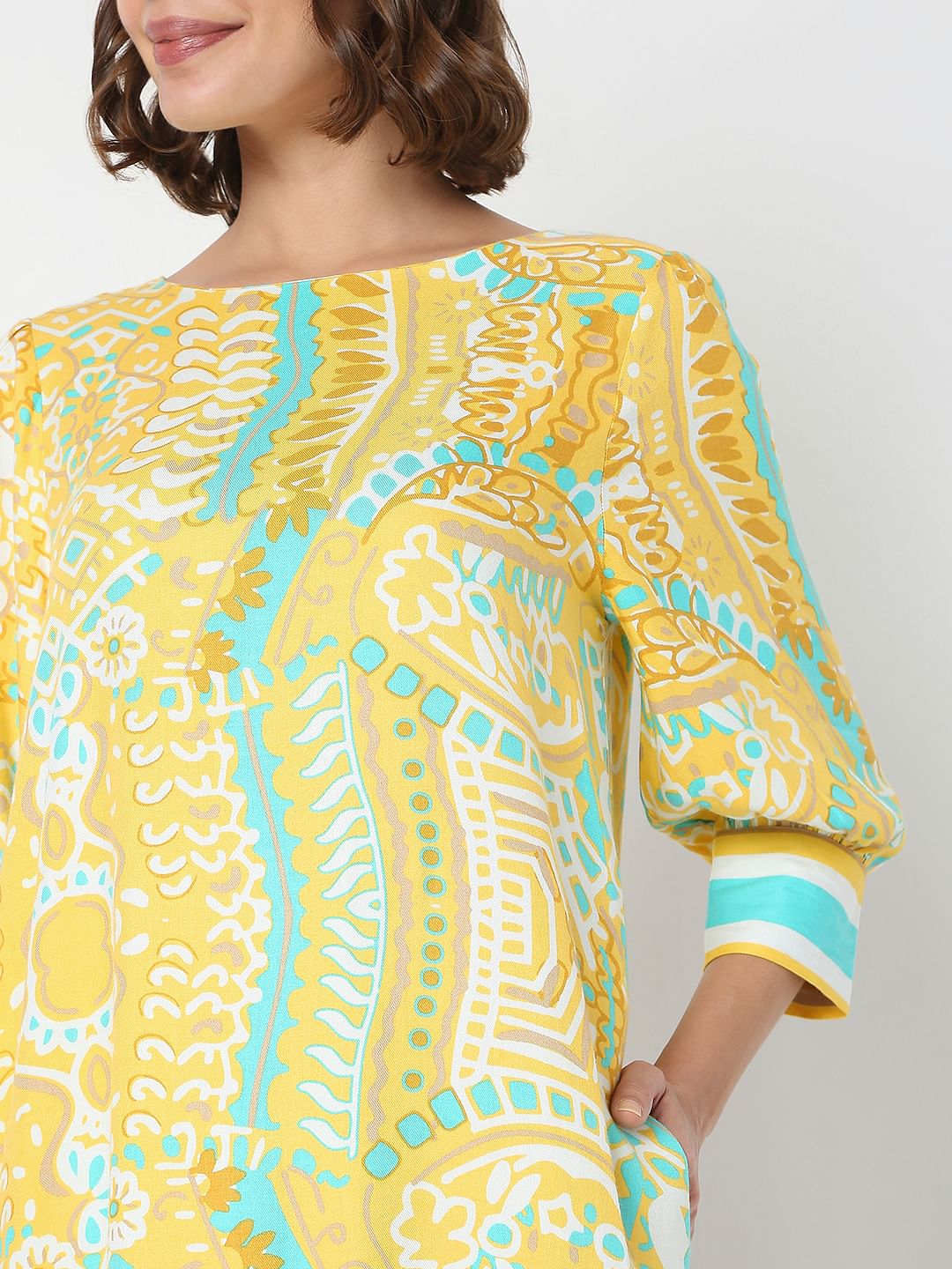 Yellow Abstract Print Shift Dress