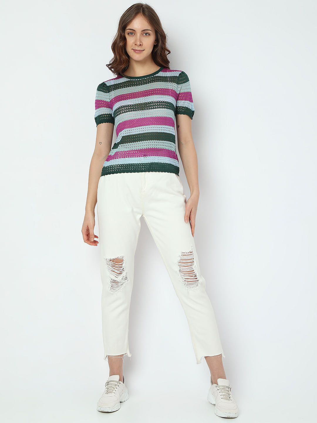 Dark Green Colourblocked Knit Top