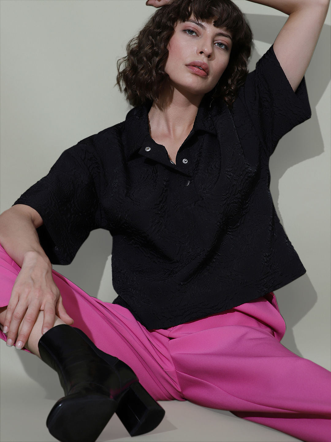 Black Textured Short Sleeves Top