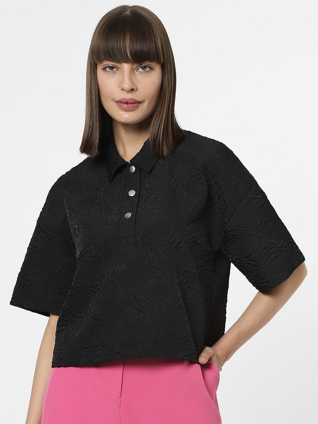 Black Textured Short Sleeves Top