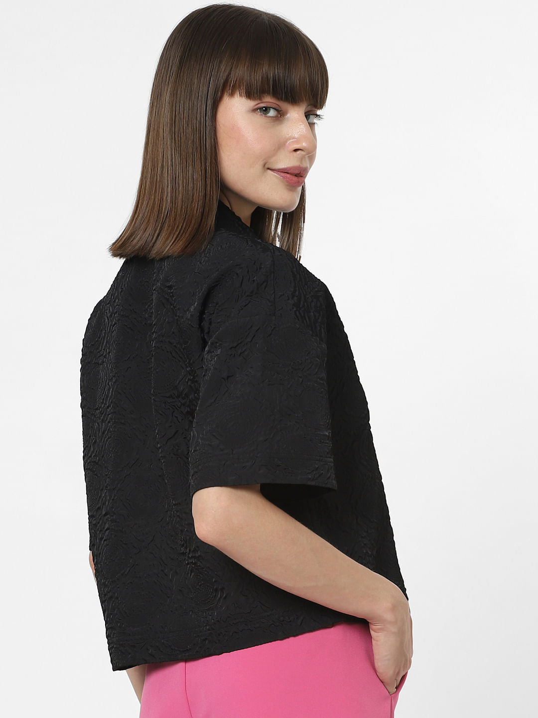 Black Textured Short Sleeves Top