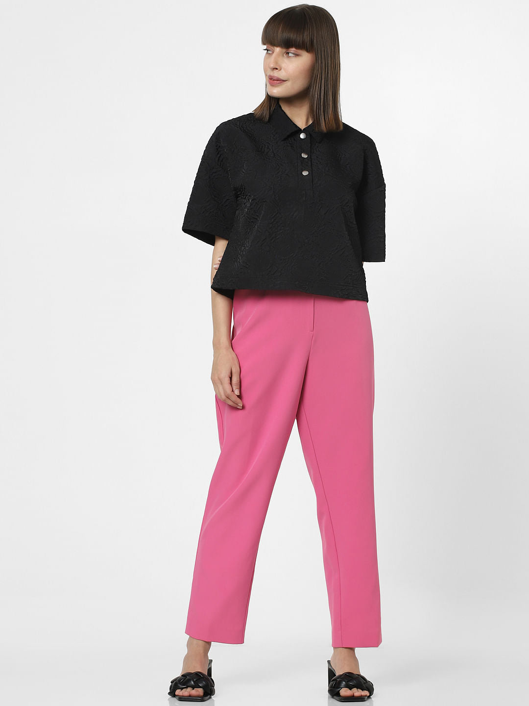 Black Textured Short Sleeves Top