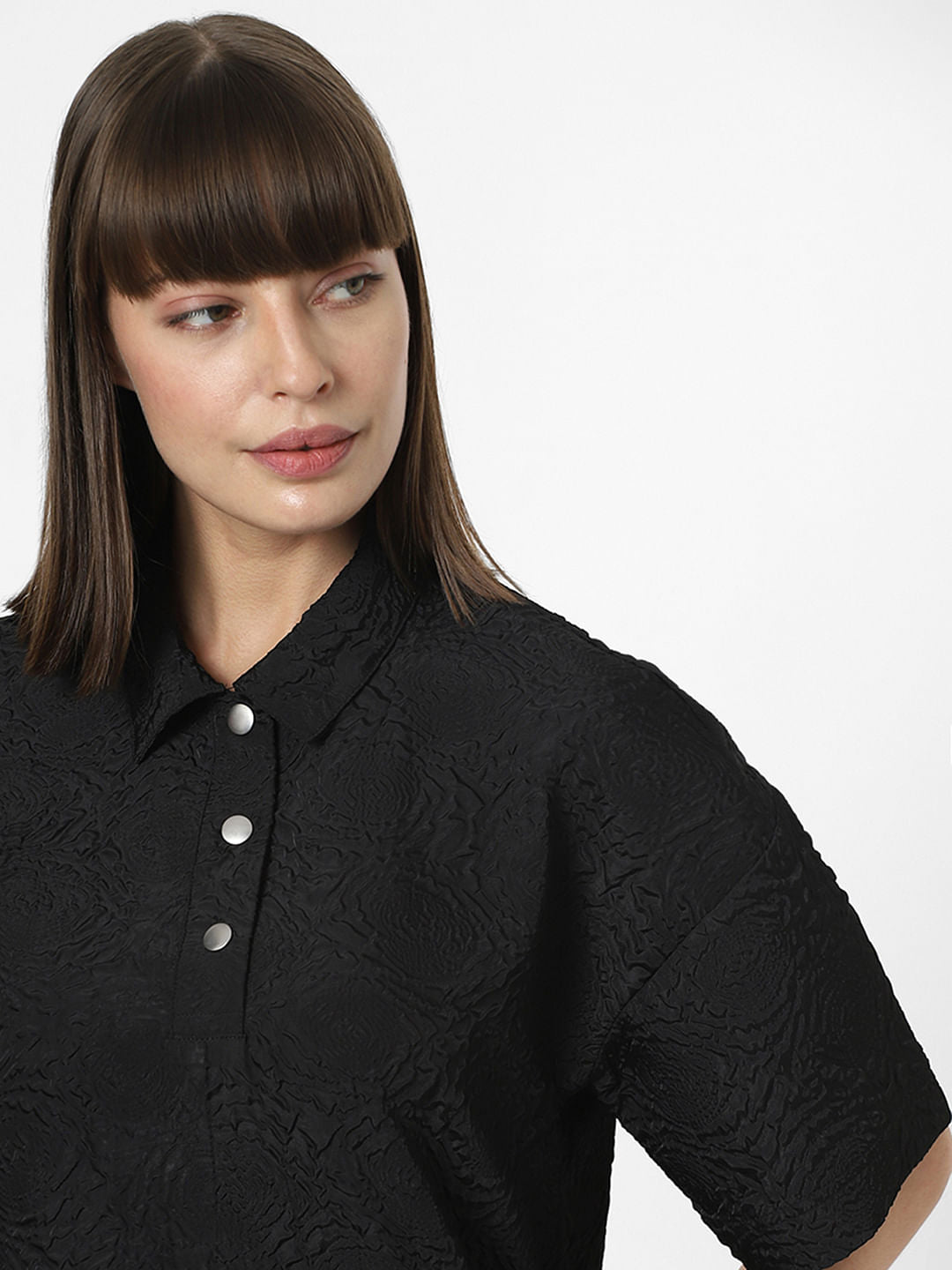 Black Textured Short Sleeves Top