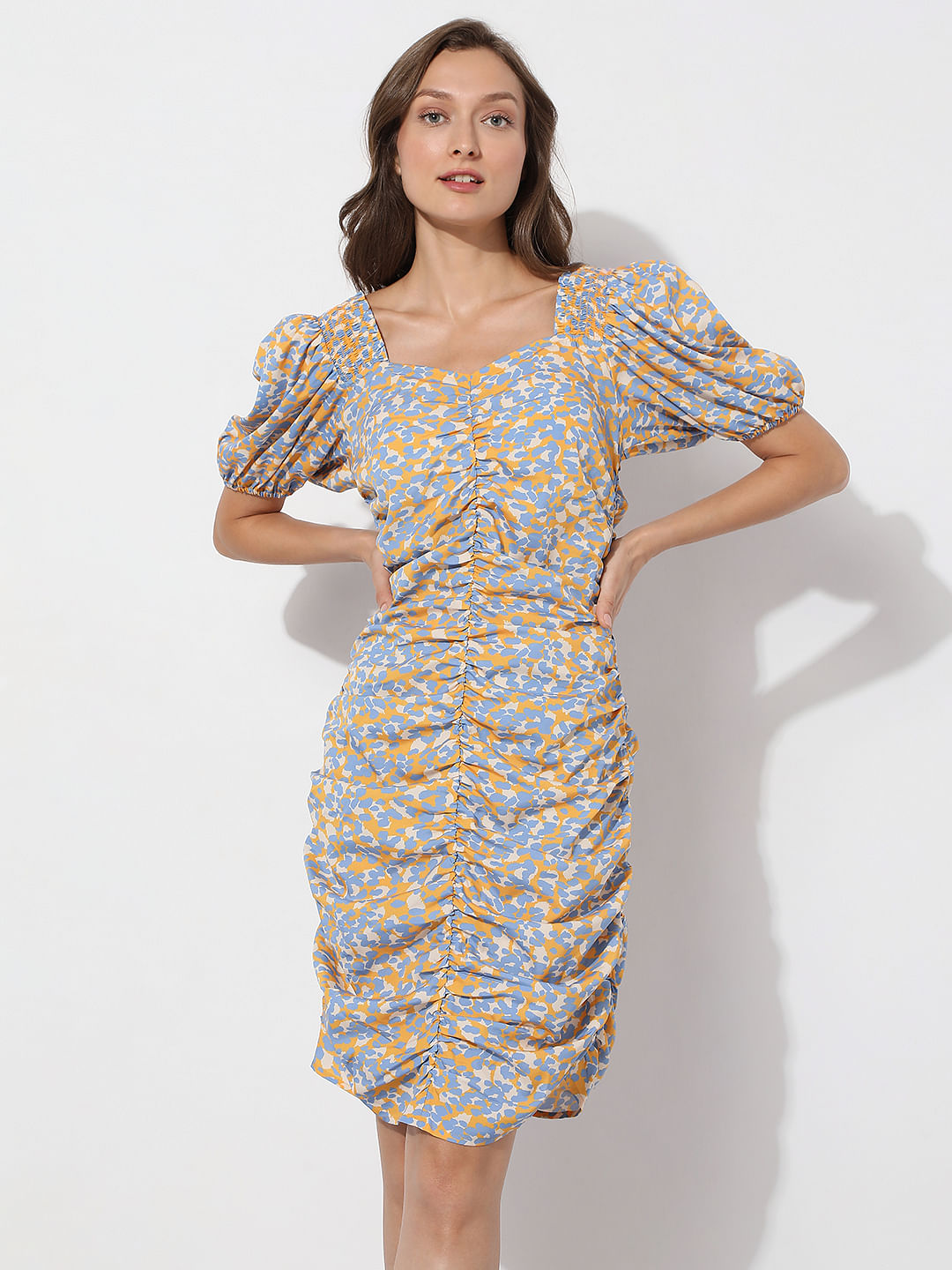 Mustard Printed Smocked Dress