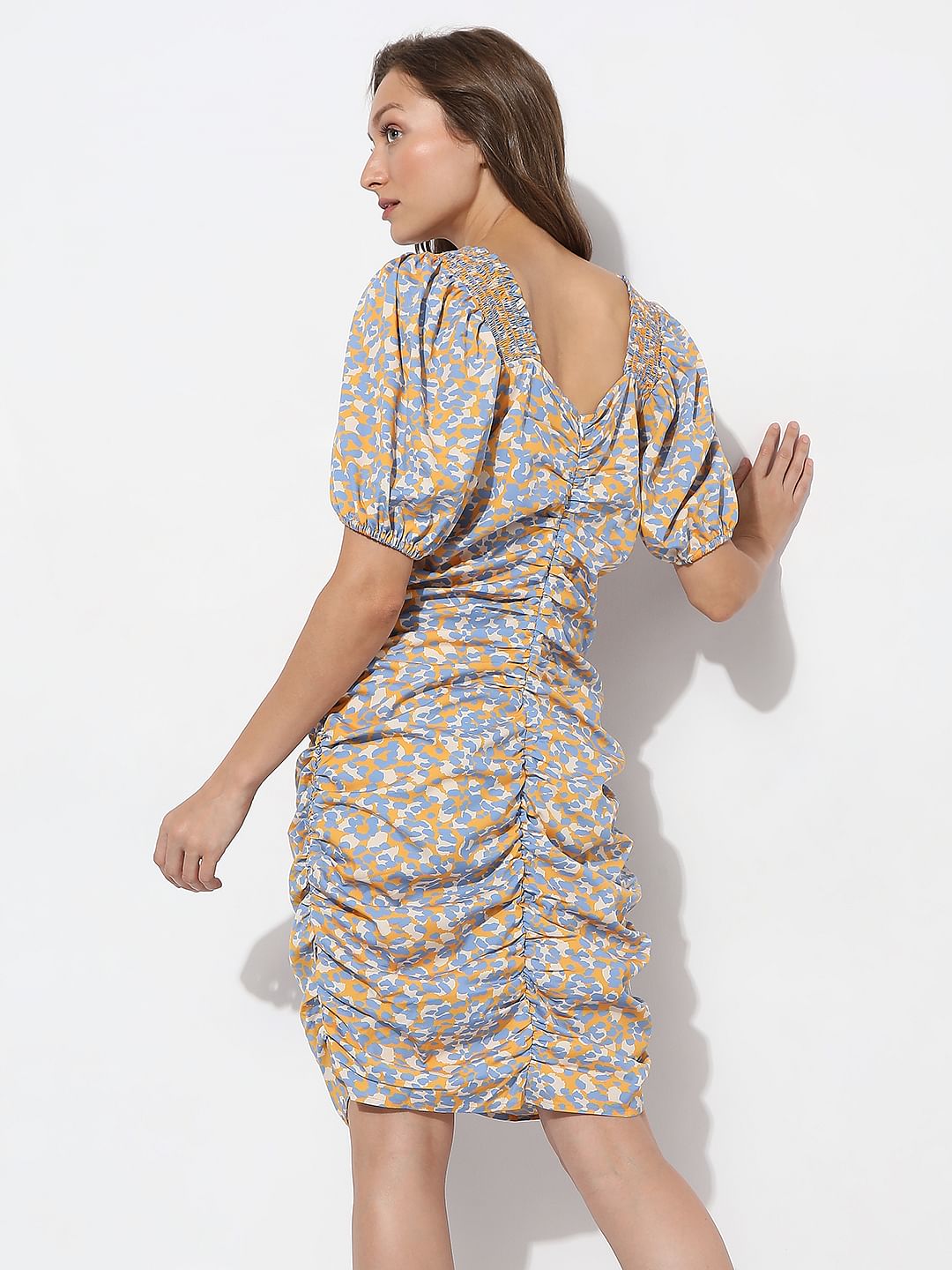 Mustard Printed Smocked Dress