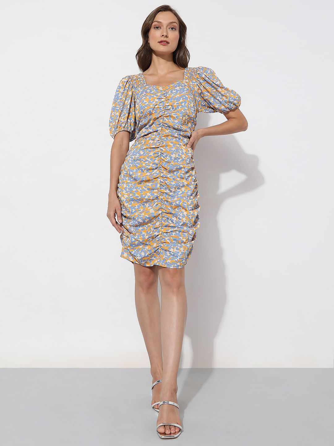 Mustard Printed Smocked Dress