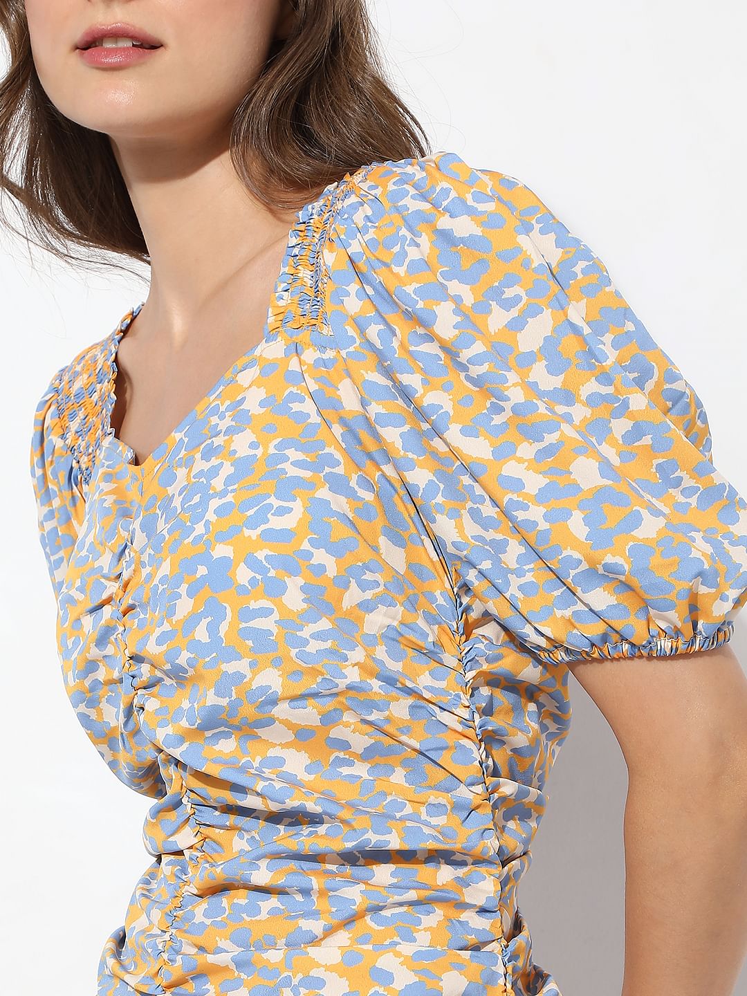 Mustard Printed Smocked Dress