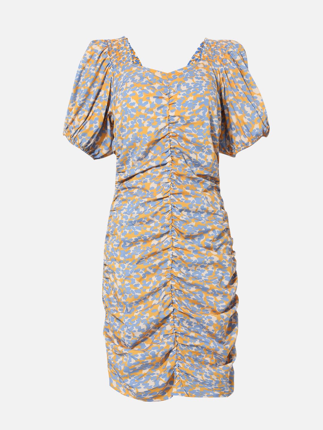 Mustard Printed Smocked Dress