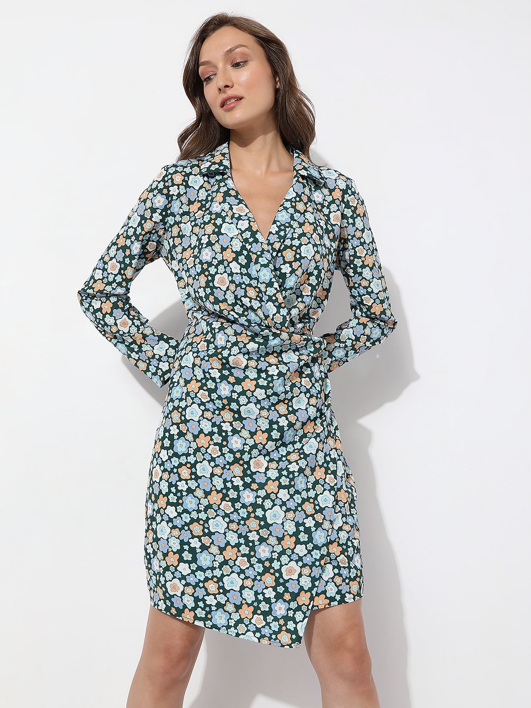 Green Floral Print Shirt Dress