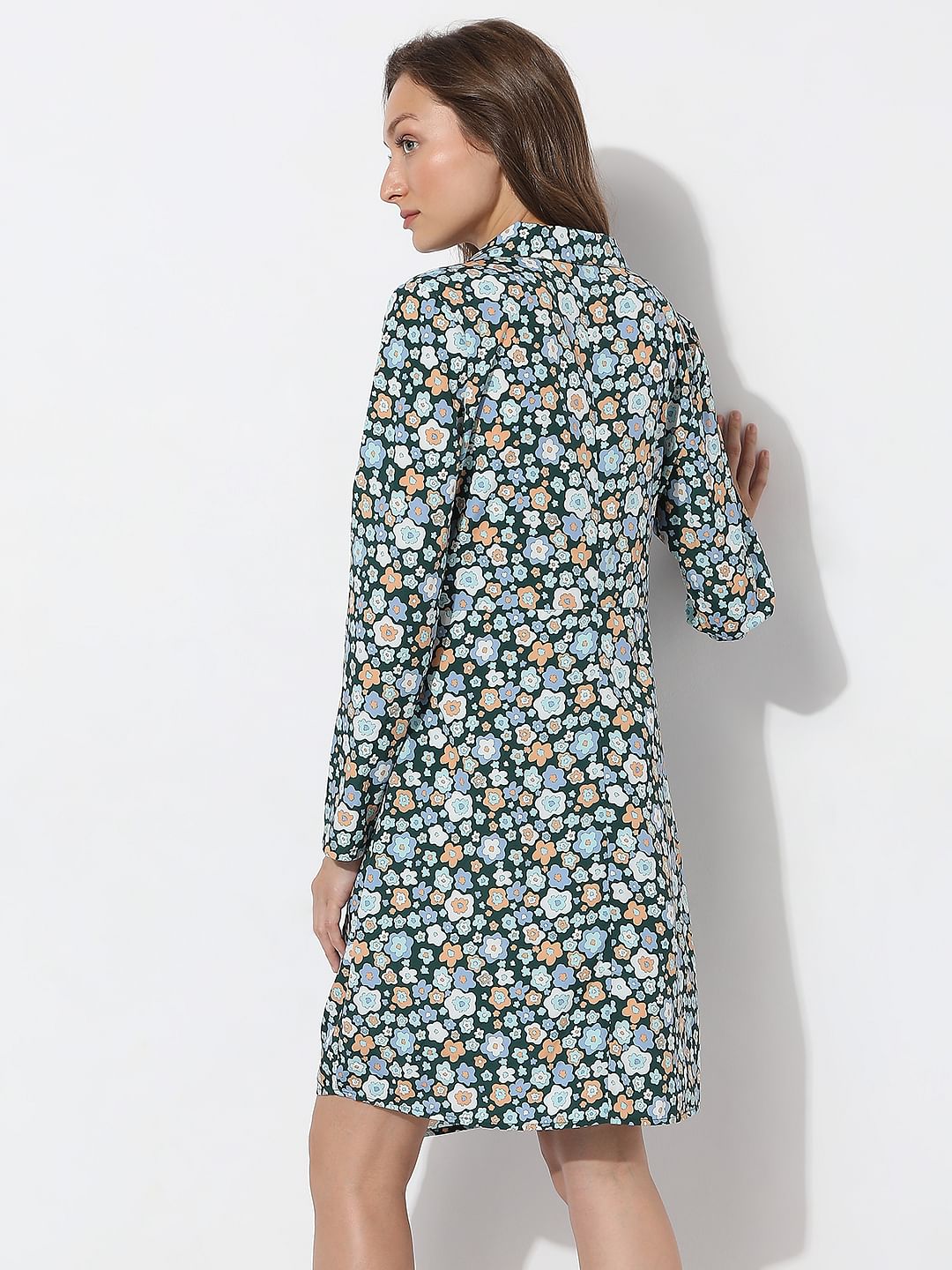 Green Floral Print Shirt Dress