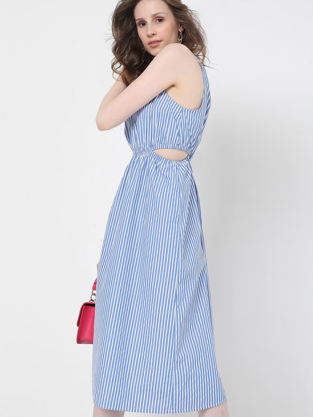 White & Blue Striped Midi Dress