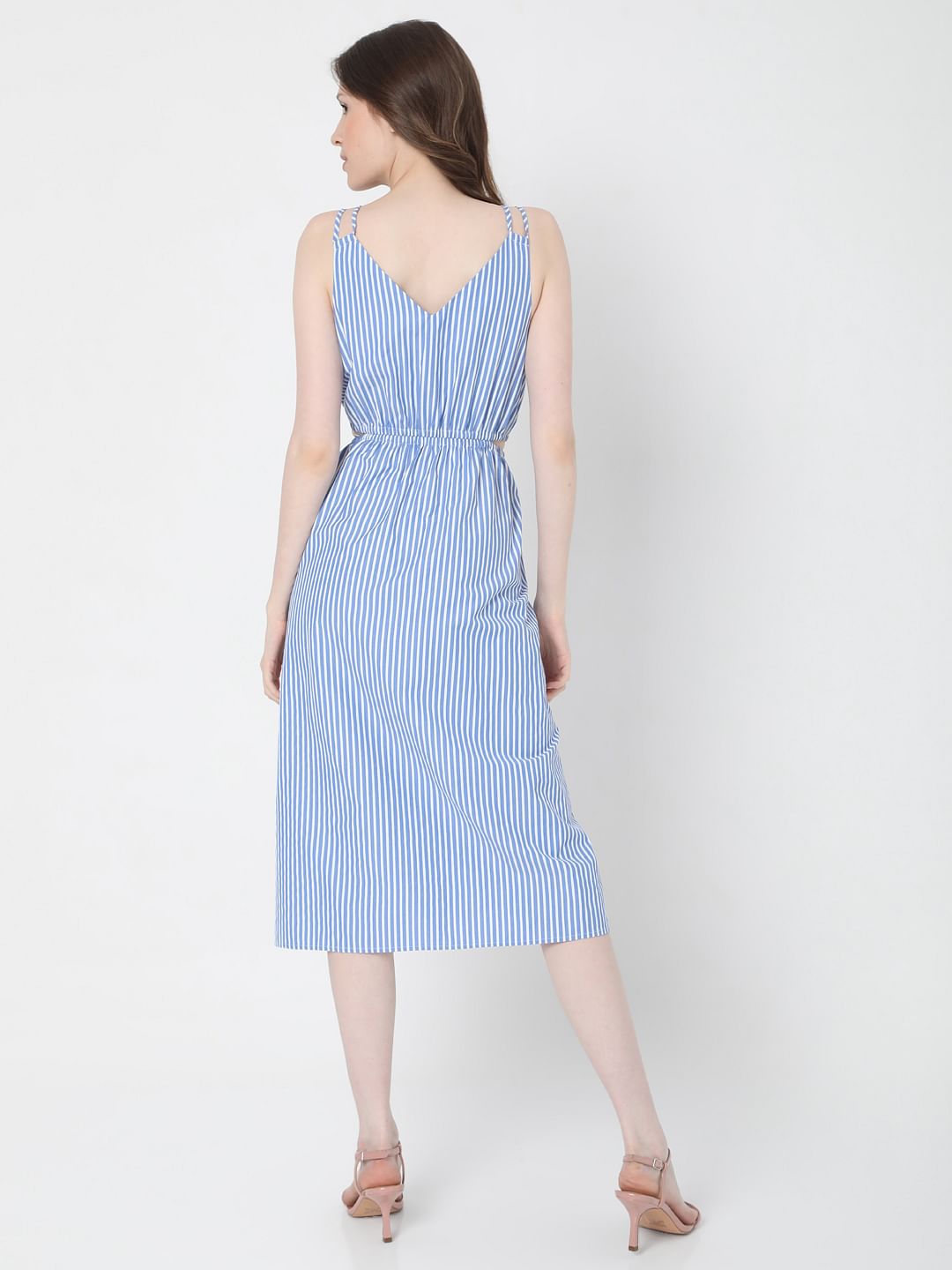 White & Blue Striped Midi Dress