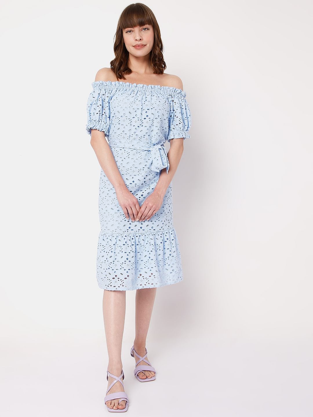 Blue Schiffli Off Shoulder Dress