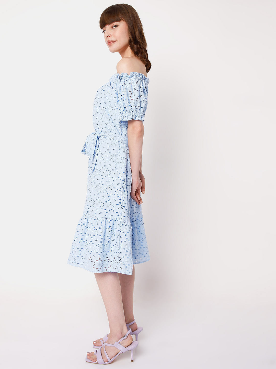 Blue Schiffli Off Shoulder Dress