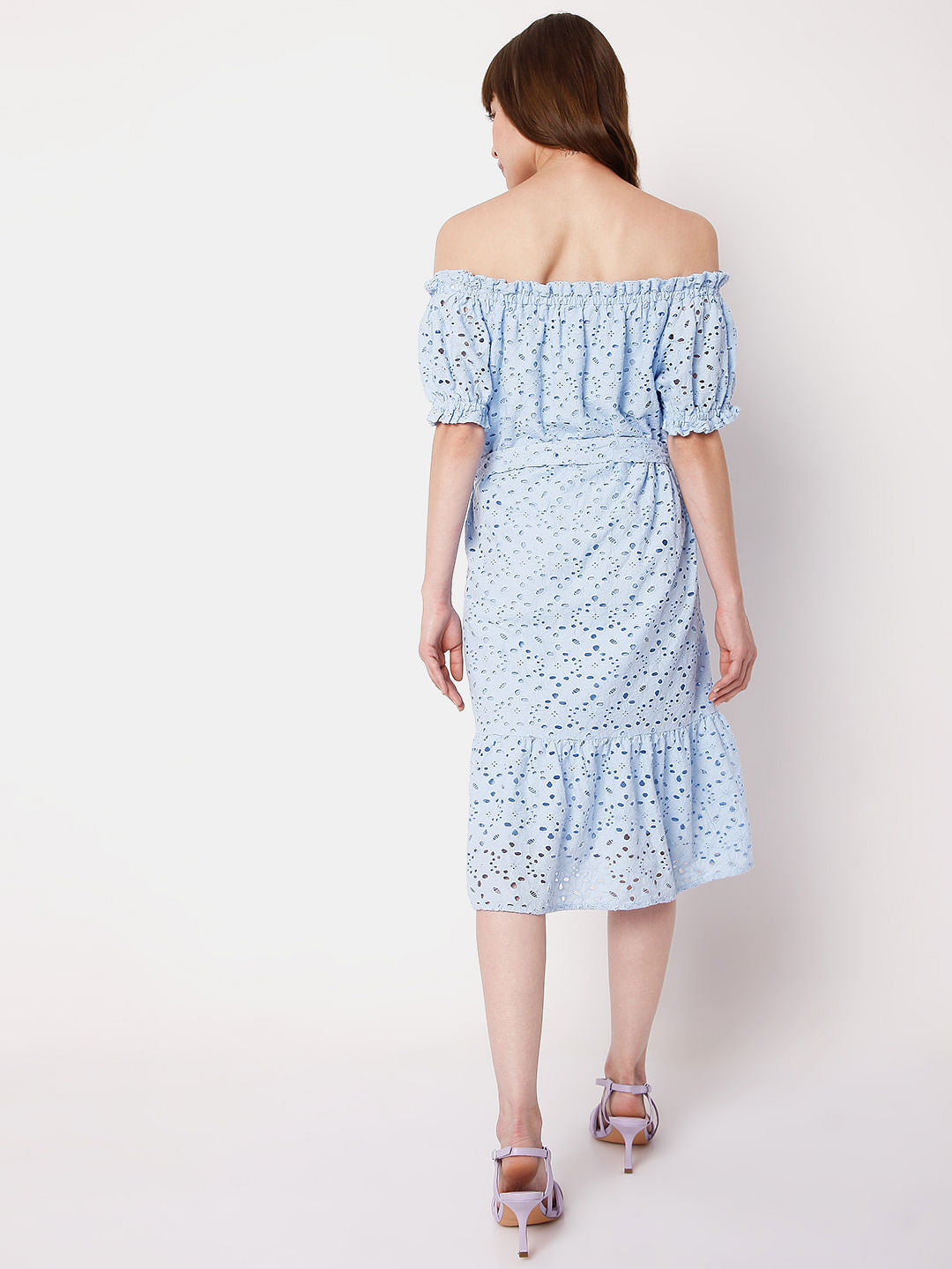 Blue Schiffli Off Shoulder Dress