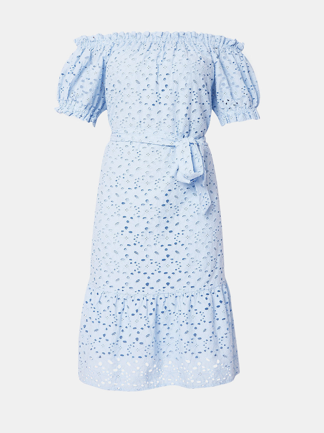 Blue Schiffli Off Shoulder Dress