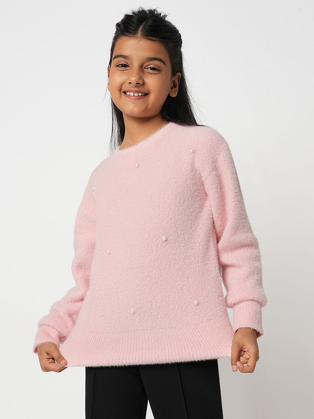 Girl Pink Pearl Embellished Sweater